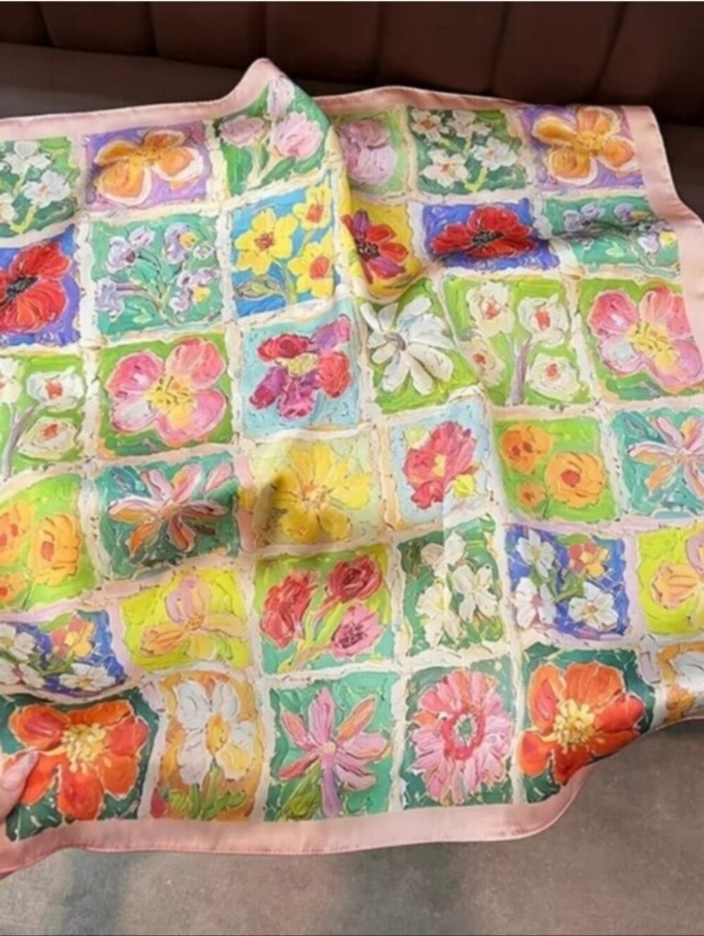Silk-feel Floral Multicolor Scarf with Pink Border